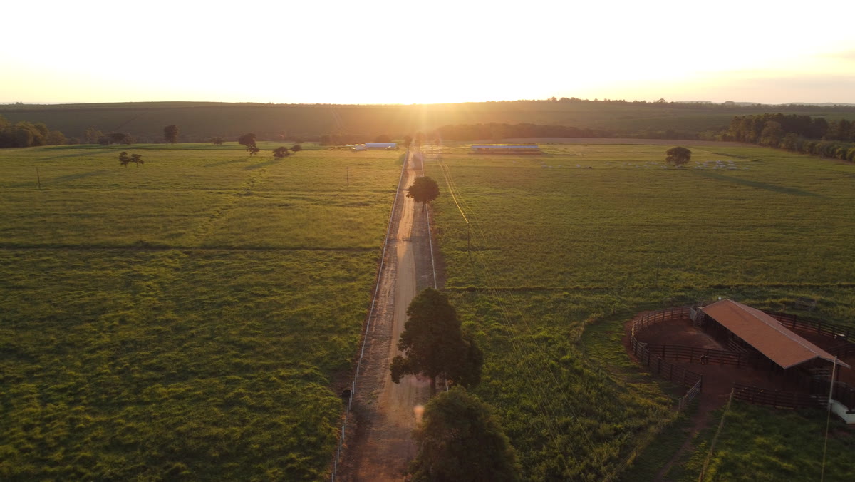 Vista aérea de uma propriedade rural ao entardecer, com estrada de terra, pastos e curral
